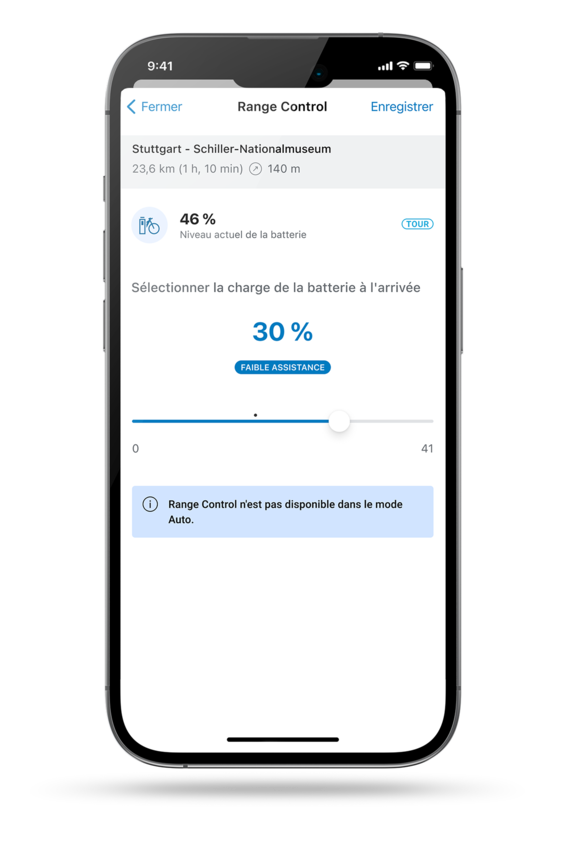 Capture d'écran de l'écran de smartphone montrant la Range Control dans l'application eBike Flow.