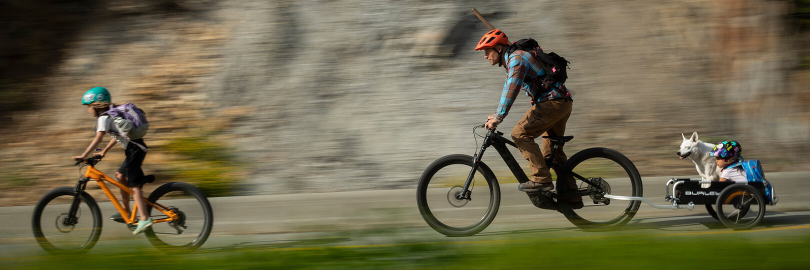 An eBike rider with a dog in a trailer and a child on their own eBike are riding along a street, with the background blurred.