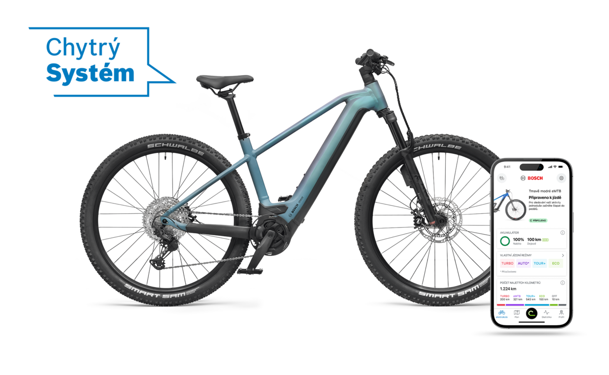 Modrý eBike / elektrokolo oříznutý s modrou bublinou zobrazující "Chytrý systém". Před ním je chytrý telefon, který zobrazuje domovskou stránku aplikace eBike Flow.