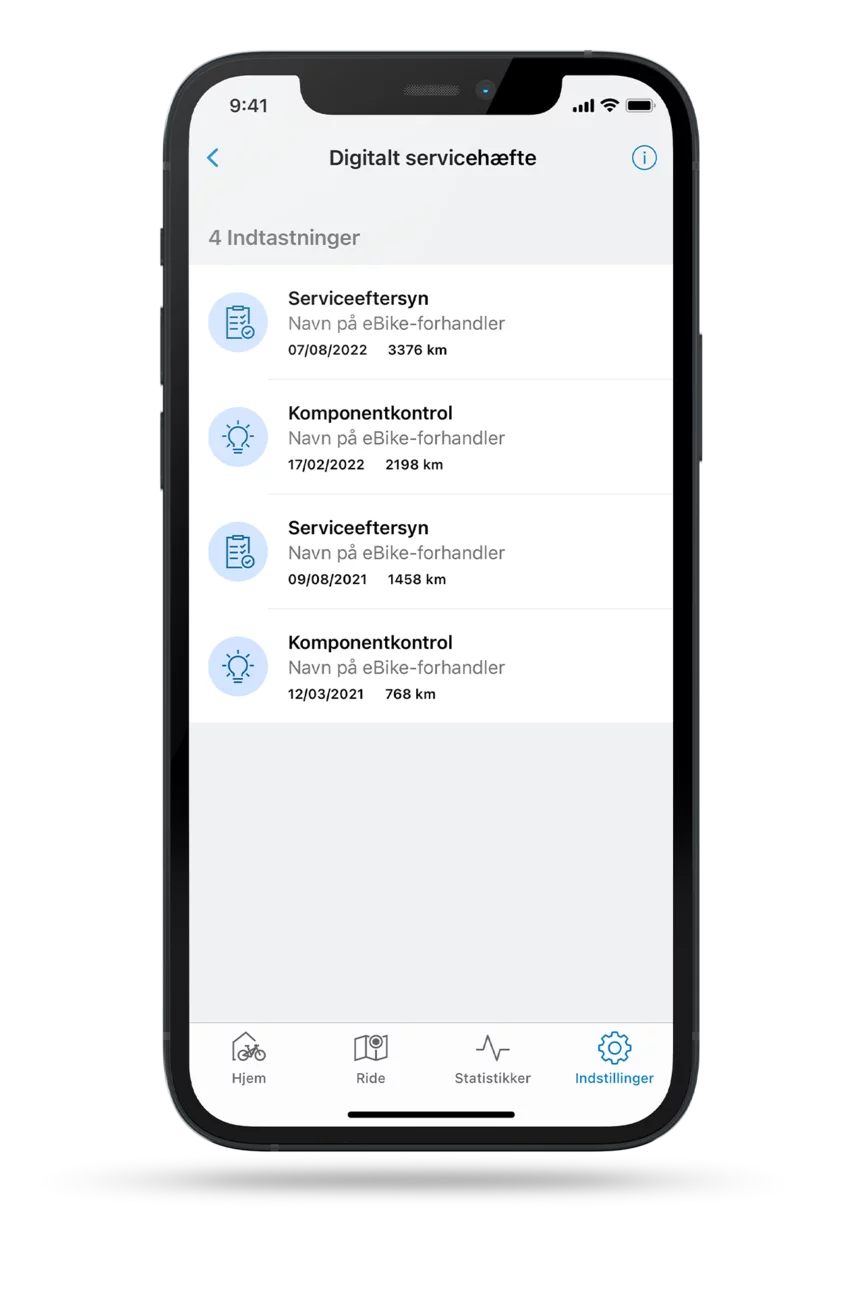 Smartphone med den åbne eBike Flow-app, der viser de Digitale Servicebøger.