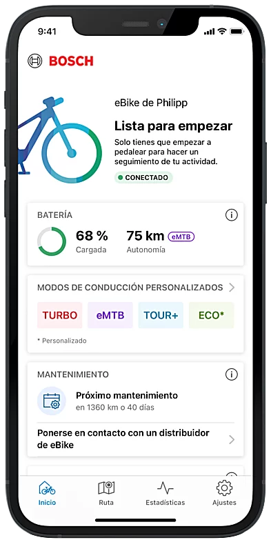 Teléfono recortado con aplicación eBike Flow abierta en la página de inicio.