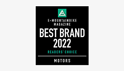 Icon featuring the text "E-MOUNTAINBIKE MAGAZINE BEST BRAND 2022 READERS' CHOICE MOTORS" in white and green font on a black background.
