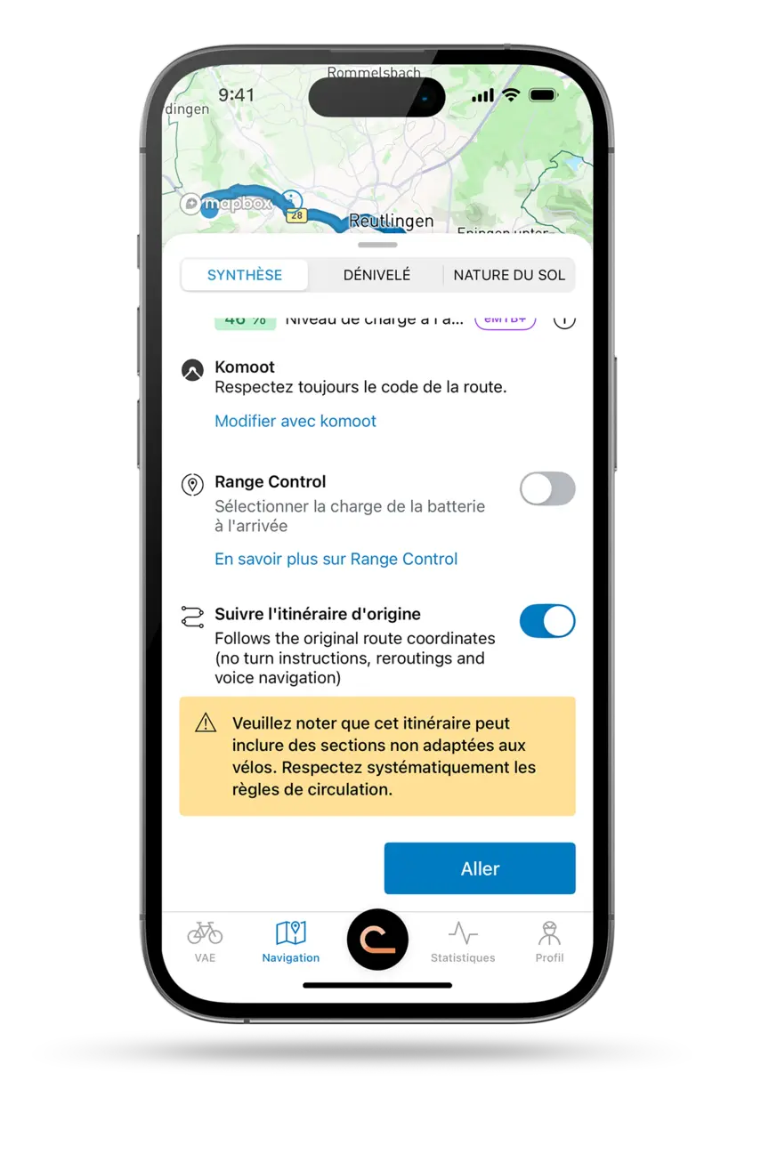 Capture d’écran de l’écran d’un smartphone montrant la navigation active dans l’application eBike Flow, avec carte, heure d’arrivée, distance restante, état de charge à l’arrivée et vitesse actuelle.