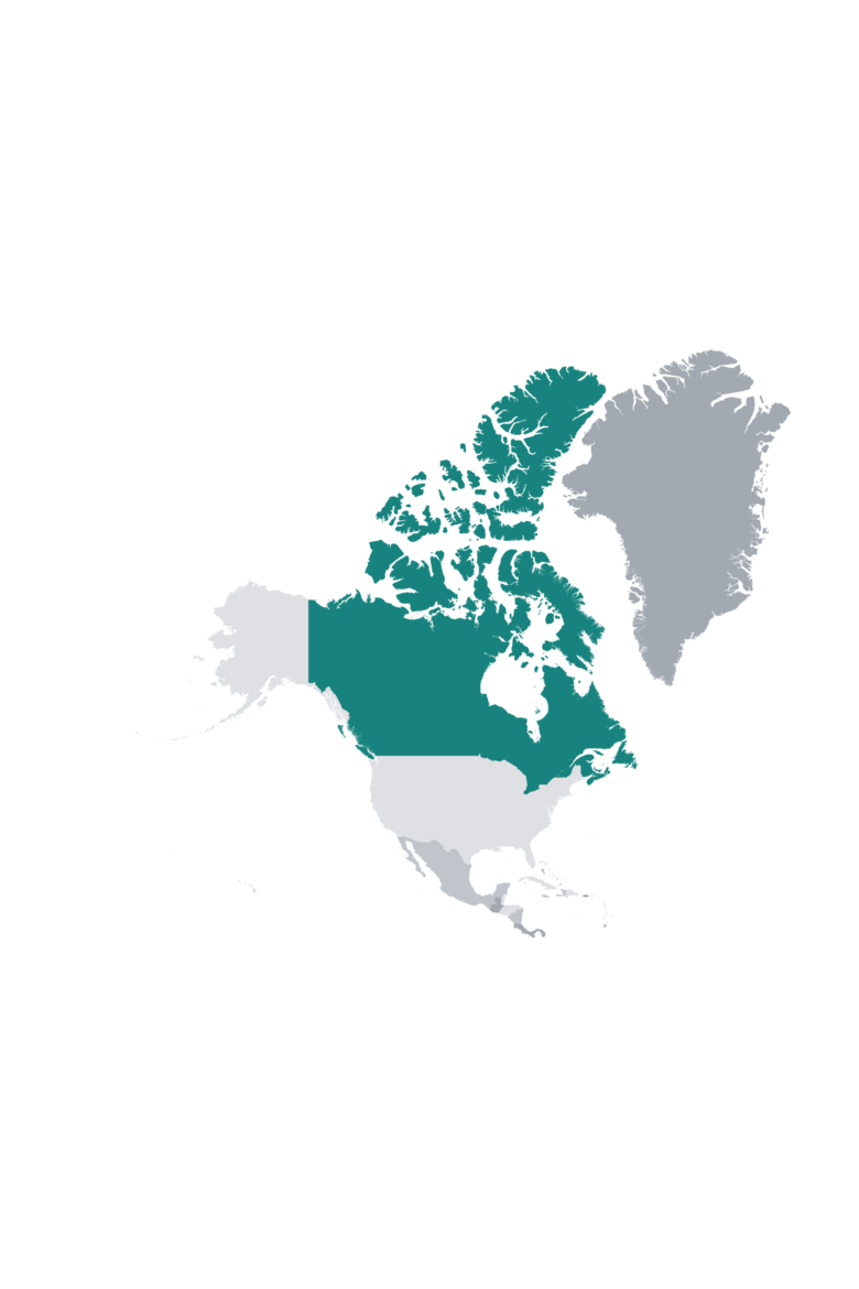 Carte de l’Amérique. Elle montre le Canada en vert, tandis que tous les autres pays sont représentés dans des nuances de gris.