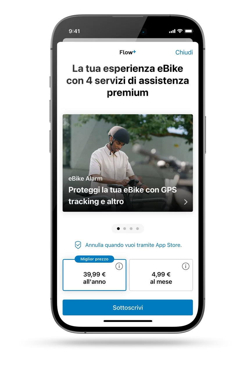 Schermata del app eBike Flow aperto, mostra le opzioni di abbonamento; per Flow+: € 39,99 all'anno o € 4,99 al mese.