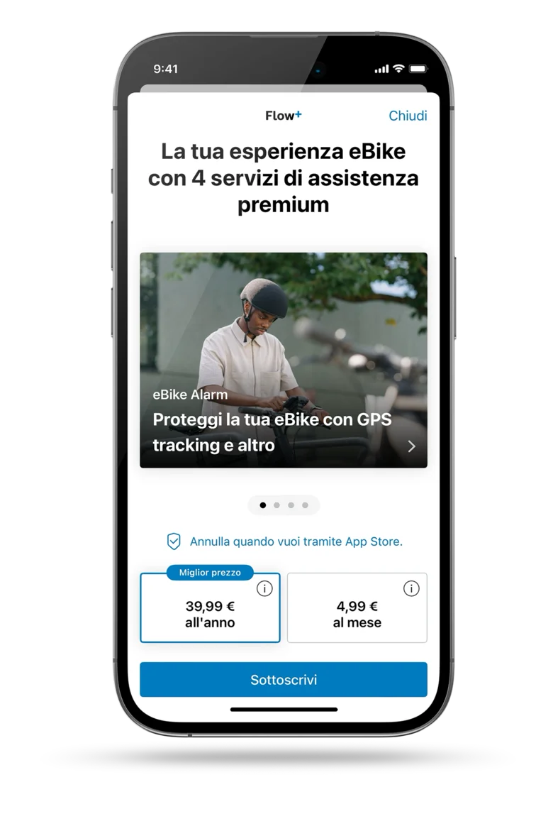 Schermata del app eBike Flow aperto, mostra le opzioni di abbonamento; per Flow+: € 39,99 all'anno o € 4,99 al mese.