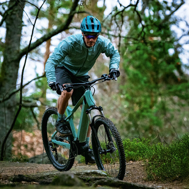 Un eMountain bike eBiker guida lungo un sentiero forestale lungo.