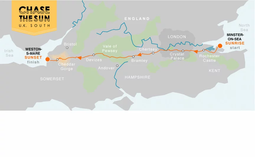 Kart over "Chase the Sun"-ruten: Start ved soloppgang i "Mister-on-Sea" ved Nordsjøen, og gå på tvers av England til "Weston-S-Mare" ved Iriske Hav, der solen går ned.