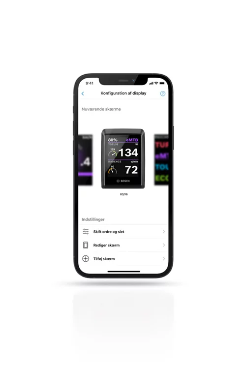 Skærmbillede af smartphone-displayet, der viser konfigurationen af displayet i eBike Flow-appen, herunder mulige indstillinger.