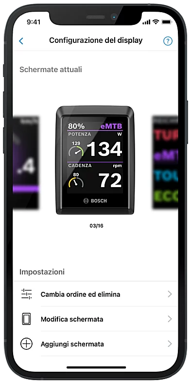 Schermata del display del telefono che mostra la configurazione del display nell'app eBike Flow, inclusa delle possibili impostazioni.
