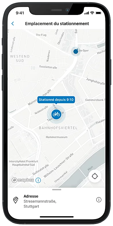 Capture d'[écran] du écran du smartphone montrant la position de stationnement du eBike dans l'application eBike Flow sur une carte.