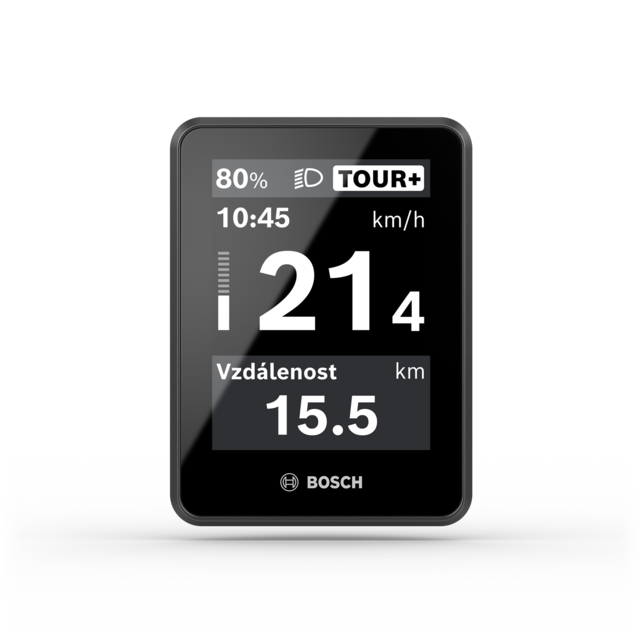 detailní záběr Bosch eBike / elektrokolo Display Intuvia 200, který zobrazuje informace o rychlost, úrovni baterie, jízdním režimu a vzdálenosti.