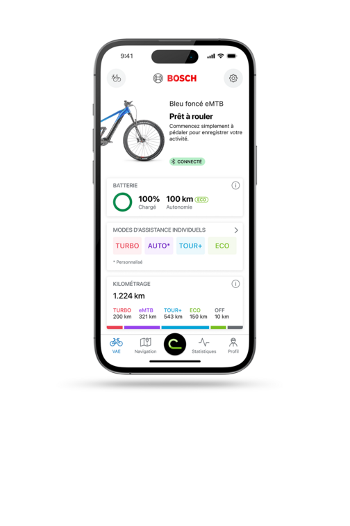 Smartphone recadré avec l’icône de l’application eBike Flow et l’écran d’accueil ouvert dans l’application eBike Flow.