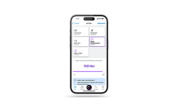 Isolert smarttelefon med åpen eBike FlowApp som viser maksimalt dreiemoment på 100nm.