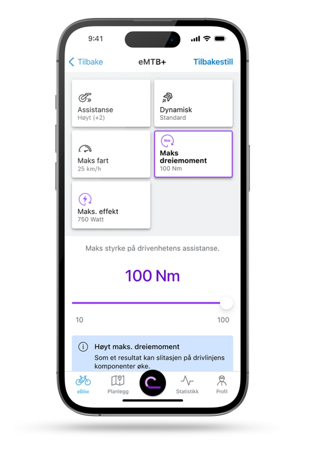 EBike flyt-appen skjermbilde med indikator for ytelsesinnstillingen vist.