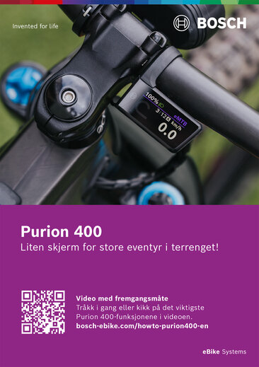 Hurtigstartguide for Purion 400: Nærbilde av en Purion 400 montert på sykkelstyret. Under bildet står teksten "Purion 400 - Liten skjerm for store terrengopplevelser" på en lilla bakgrunn, sammen med en QR-kode. Ved siden av dette står inskripsjonen "How-to video - Start å sykle med en gang eller se de viktigste funksjonene til din Purion 400 i videoen. bosch-ebike.com/howto-purion400-de". I øvre venstre hjørne av bildet står det "Teknologi for livet", øverst til høyre finner du Bosch-logoen, og nederst til høyre eBike Systems.