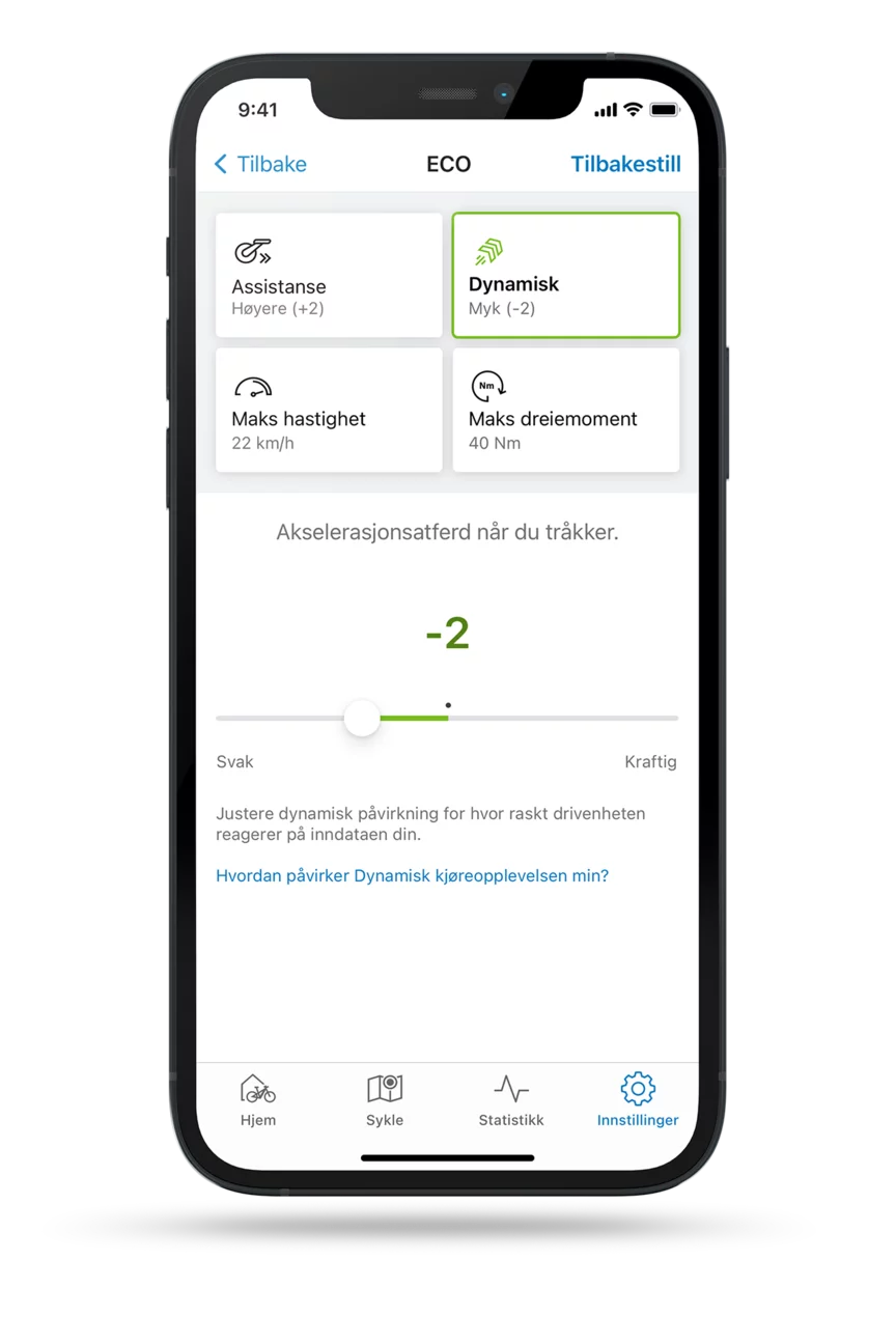 Isolert skjermbilde av eBike Flow-app med åpen innstilling for kjøredynamikk i ECO-modus.
