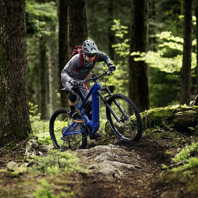 Un conducteur VTT à assistance électrique roule sur une pierre et des racines le long d’un chemin étroit dans la forêt.