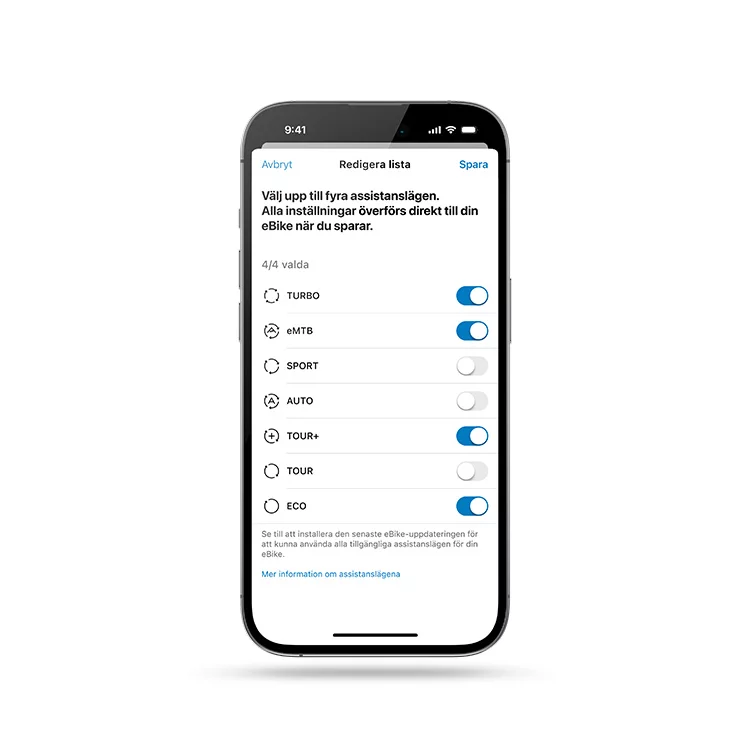 Frilagd smartphone med öppen eBike Flow-app där lägesvalet visas.