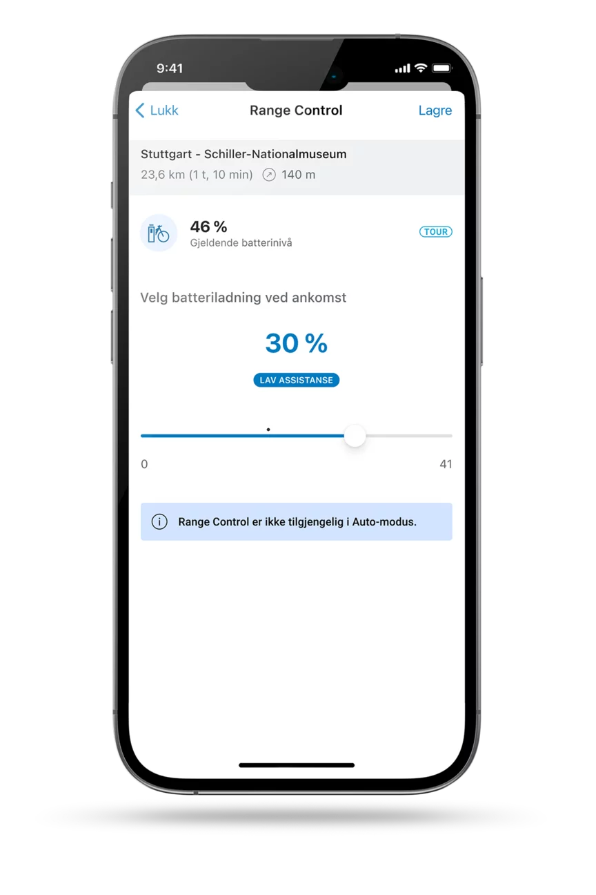 Skjermbilde av smarttelefonens display som viser Range Control i eBike Flow-appen.