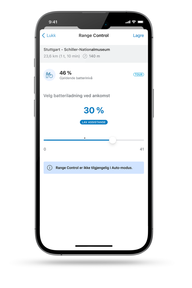 Skjermbilde av smarttelefonens display som viser Range Control i eBike Flow-appen.