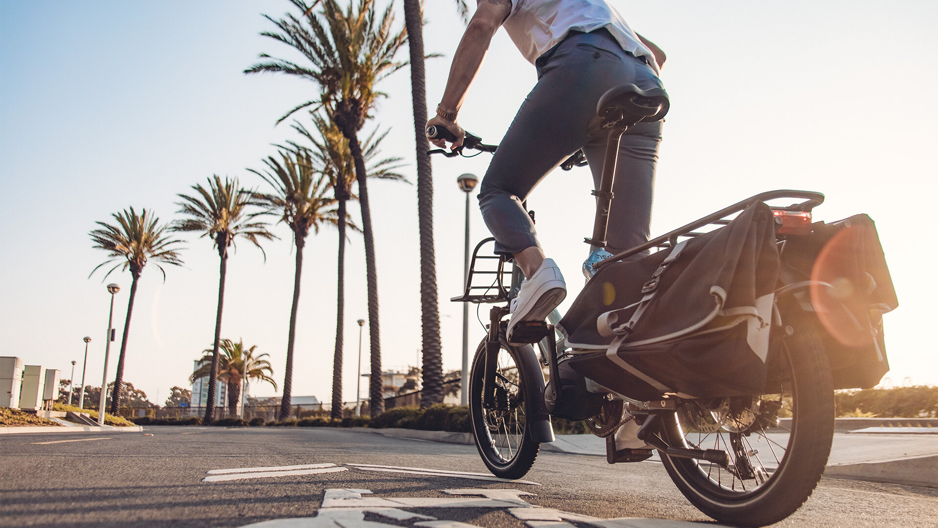 A person rides an e-bike on a bicycle path marked with a bicycle symbol. The bike has a large bag on the luggage rack. In the background, palm trees and buildings are visible.