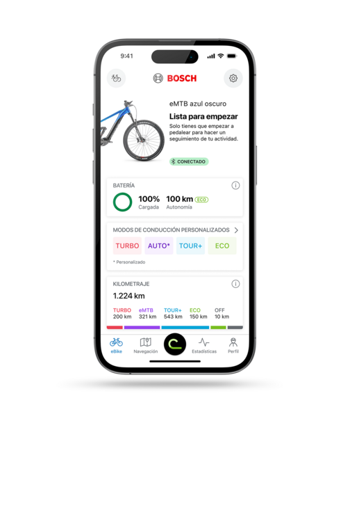 Smartphone recortado con el icono de la aplicación eBike Flow y la pantalla de inicio abierta en la aplicación eBike Flow.