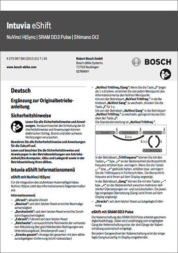 Bosch eBike Systems Intuvia eShift Owners Manual