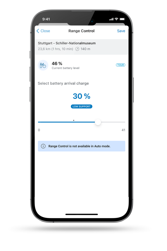 Screenshot of the smartphone display, showing the Range Control in the eBike Flow app.