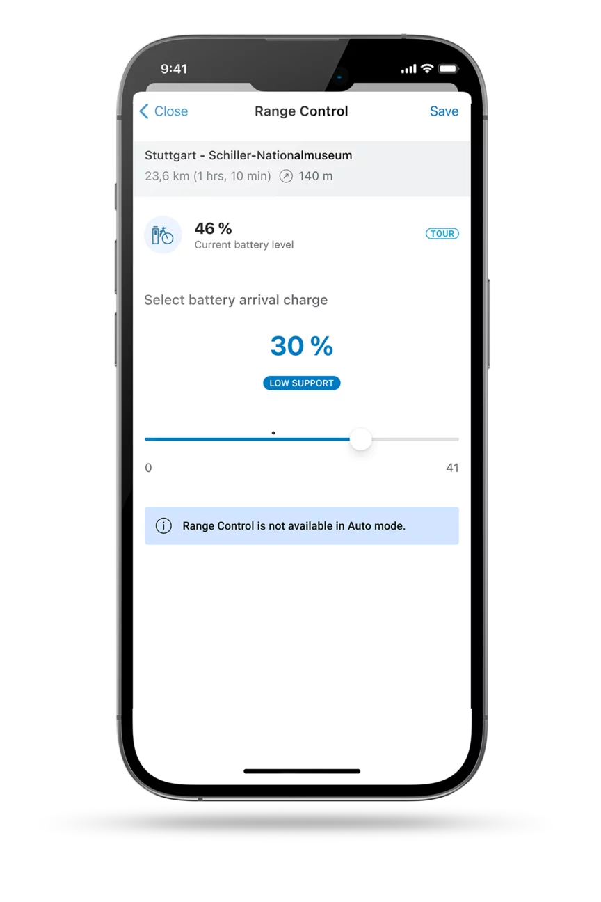 Screenshot of the smartphone display, showing the Range Control in the eBike Flow app.