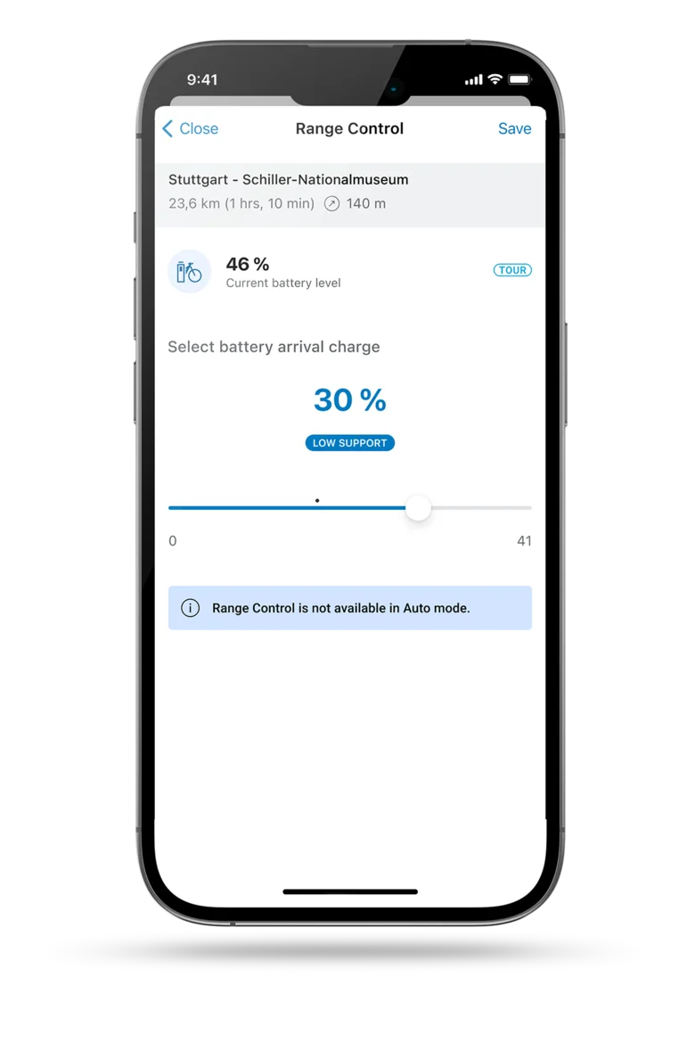 Screenshot of the smartphone display, showing the Range Control in the eBike Flow app.