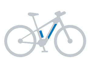 Icon eines grauen eBikes mit zwei blau gefärbten Akkus im und am Rahmen.