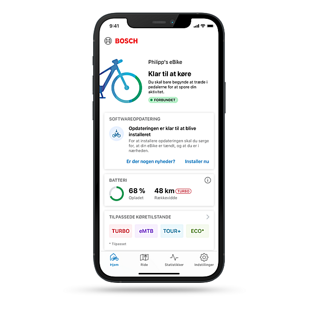 Startsiden for eBike Flow-appen med information om eBike, batteriniveauet, køretilstande og kommende vedligeholdelse.