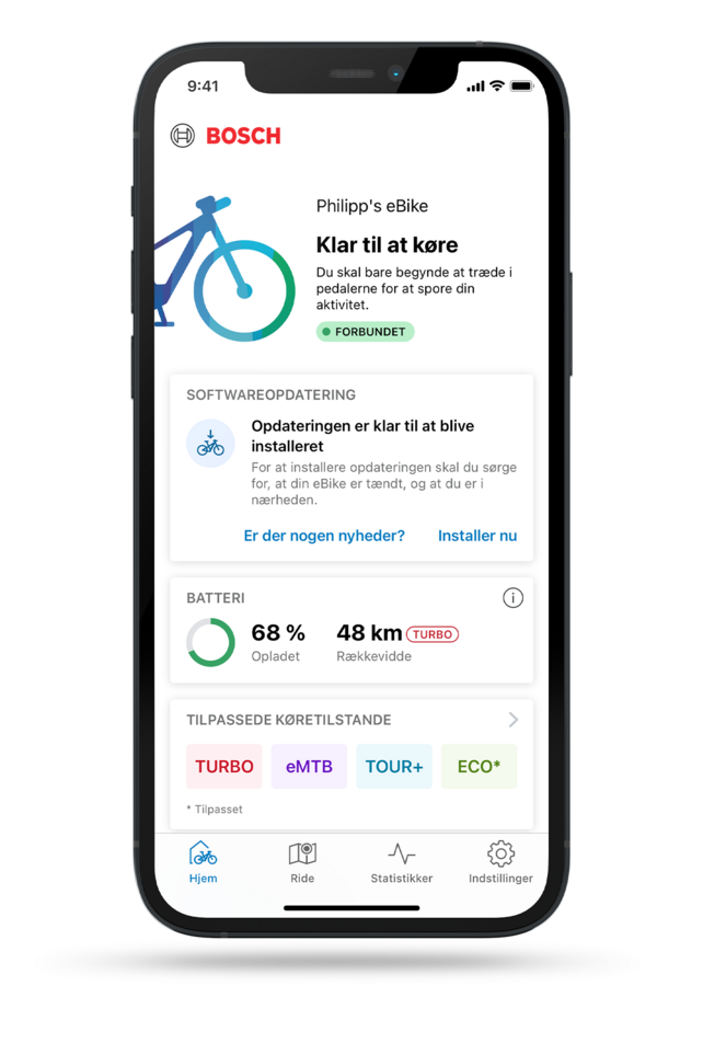 Startsiden for eBike Flow-appen med information om eBike, batteriniveauet, køretilstande og kommende vedligeholdelse.
