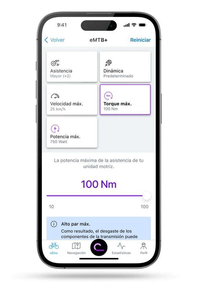 EBike Flow App pantalla con indicación de la configuración de rendimiento mostrada.