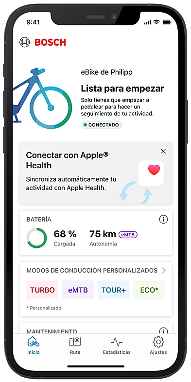 Captura de pantalla del display del smartphone que muestra la página de inicio de la aplicación eBike Flow.