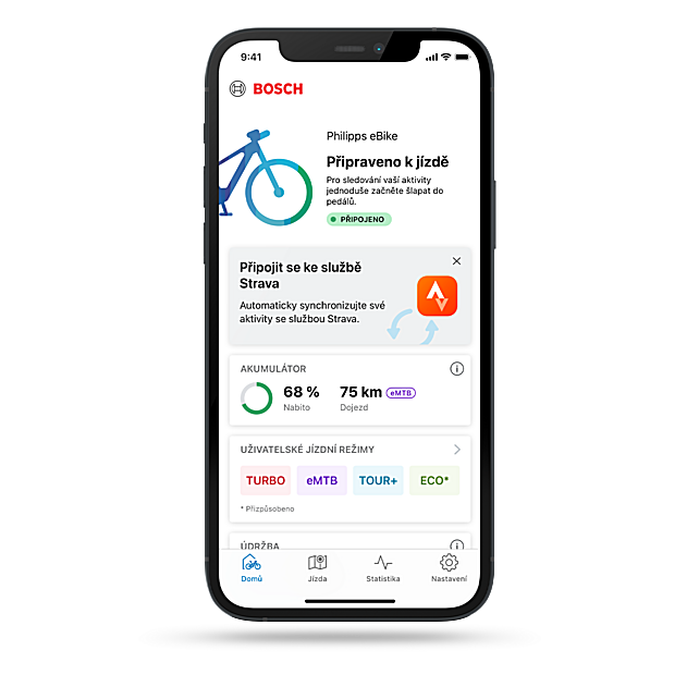 Izolovaný chytrý telefon s otevřenou aplikací eBike Flow a instrukcí k propojení s aplikací Strava.