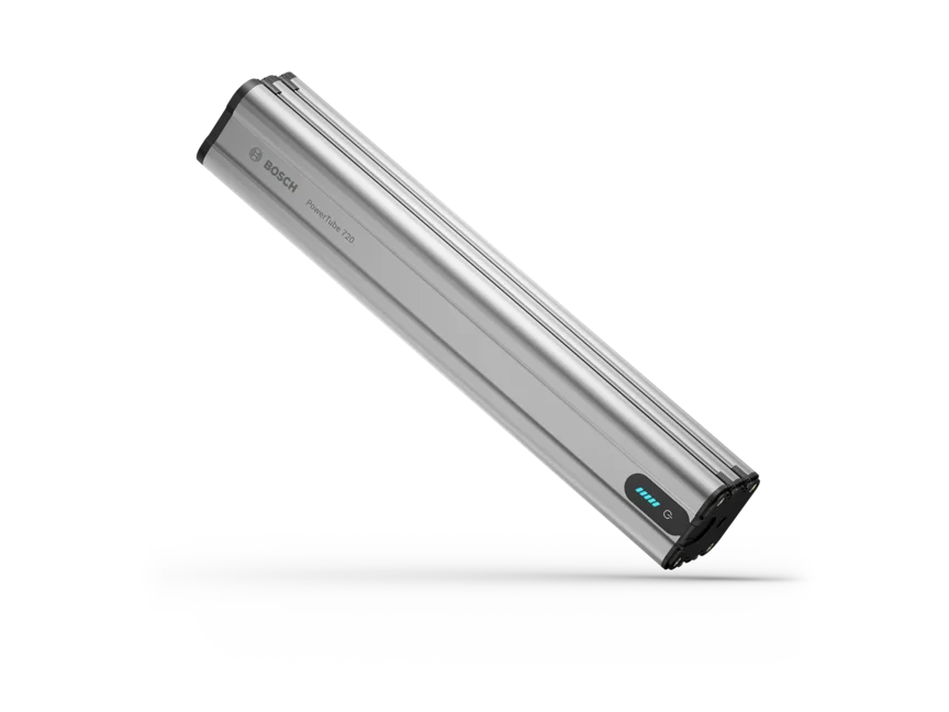Bosch eBike Akku (PowerTube 720) mit grauem Aufdruck.