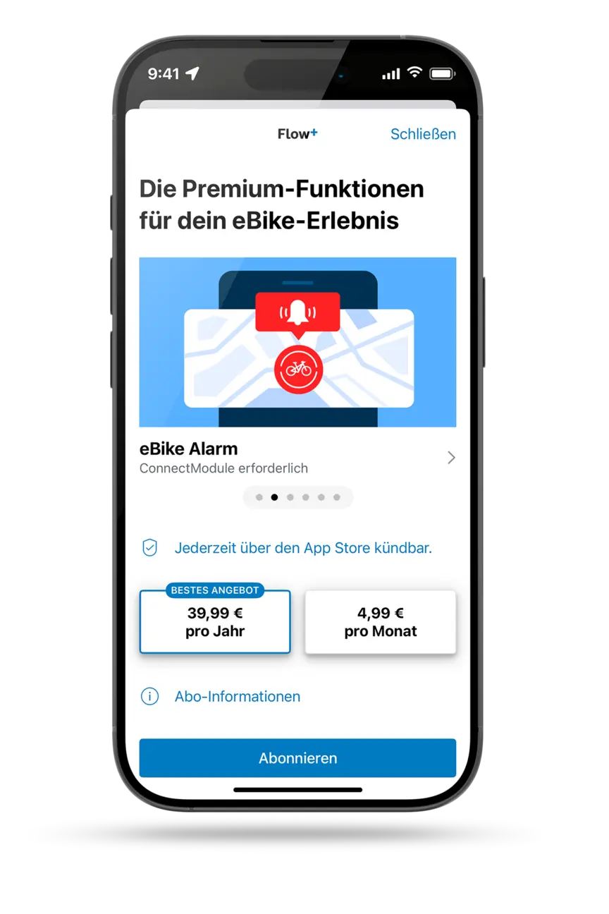 Freigestelltes Smartphone, auf dem die Abo-Optionen von Flow+ zu sehen sind. Außerdem ist das Premium Feature eBike Alarm abgebildet.