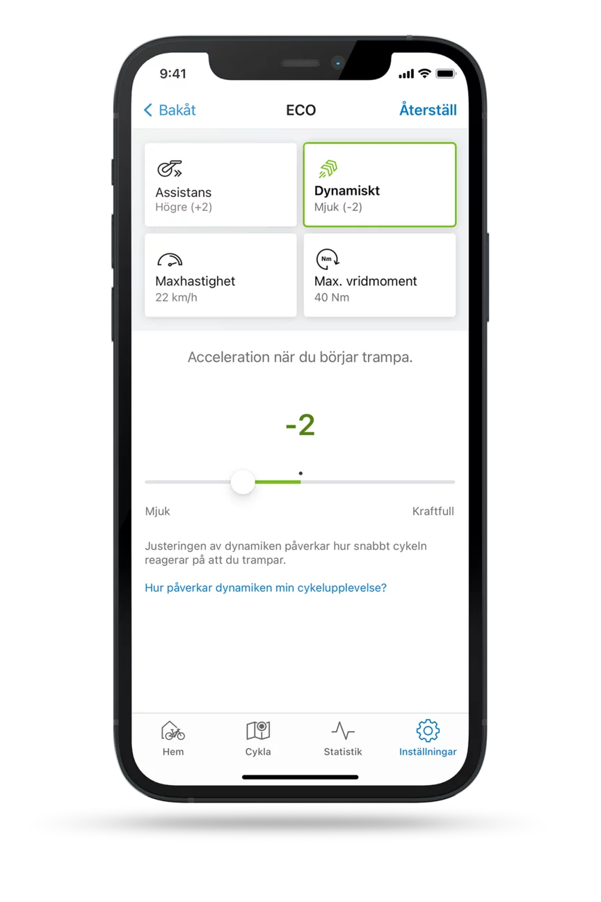 Frilagd skärm av eBike Flow-appen med öppen inställning för kördynamik i ECO-läge.