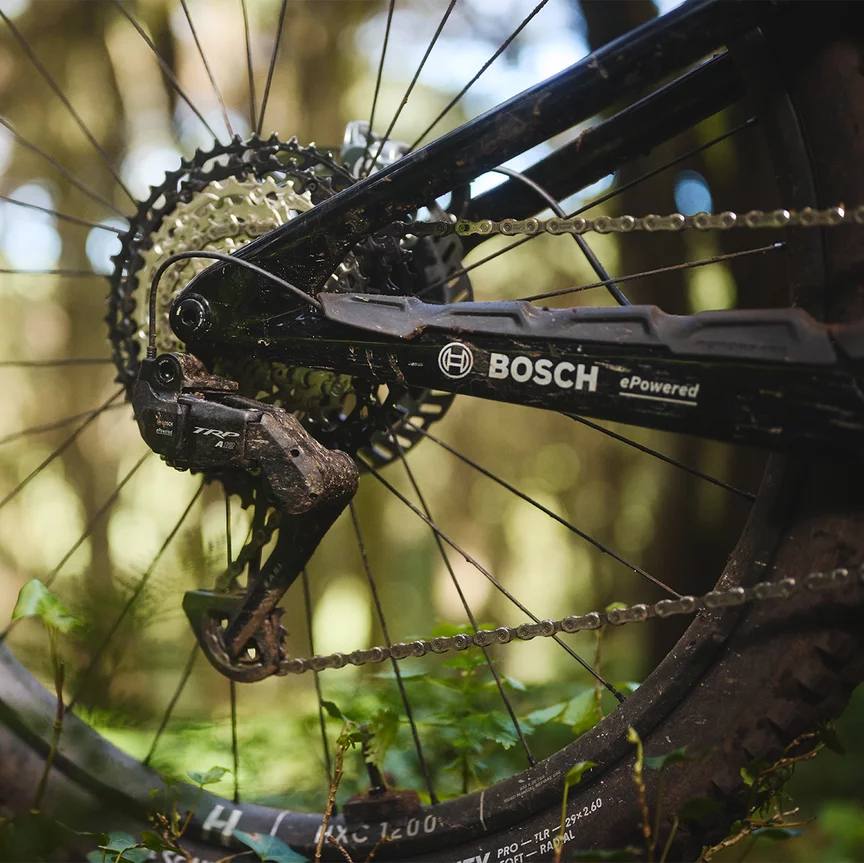 A man rides his orange eMTB through a tall meadow.