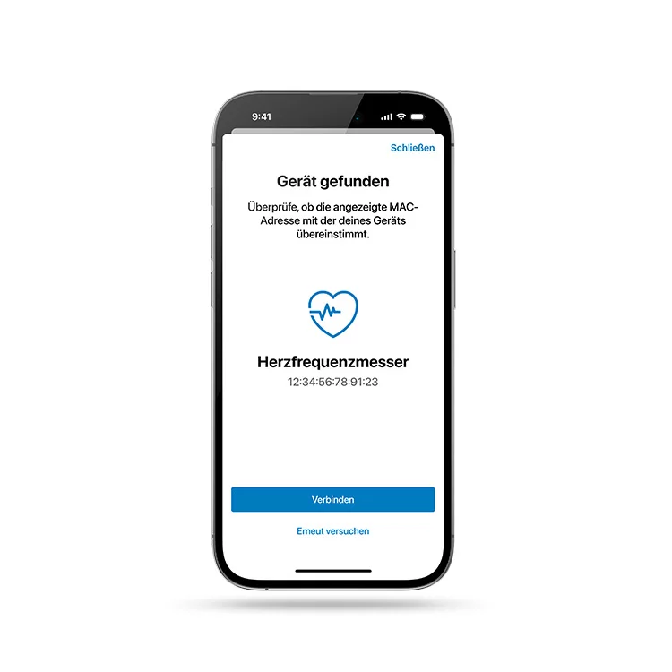 Auf einem freigestellten Smartphone ist die Option dargestellt, einen Herzfrequenzmesser zu verbinden.
