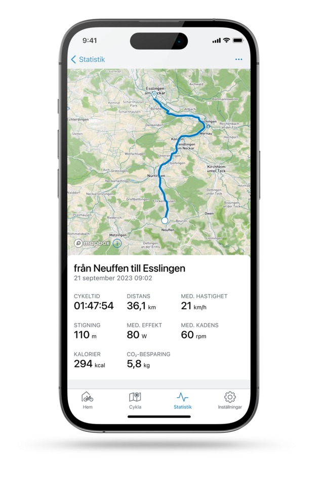 Frittstående smartphone med öppen rutt och navigering i eBike Flow-appen.