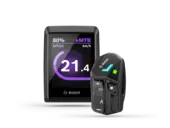 Bosch Kiox 300 eBike display dat snelheid en eMTB-modus toont en LED-controller zonder houder op een witte achtergrond.