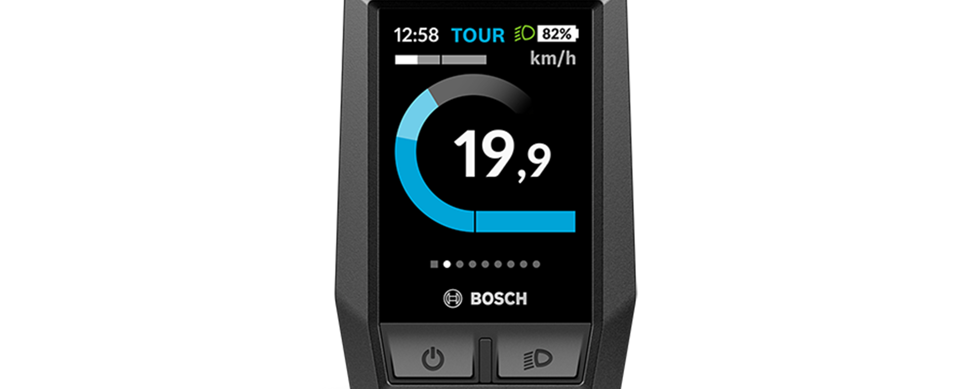 L'écran Kiox du système Bosch eBike-System 2 est présenté sur un fond blanc. Sur l'écran, la vitesse est affichée en grands km/h. L'écran indique également l'heure, le mode de conduite, les réglages de l'éclairage et le niveau de batterie. 