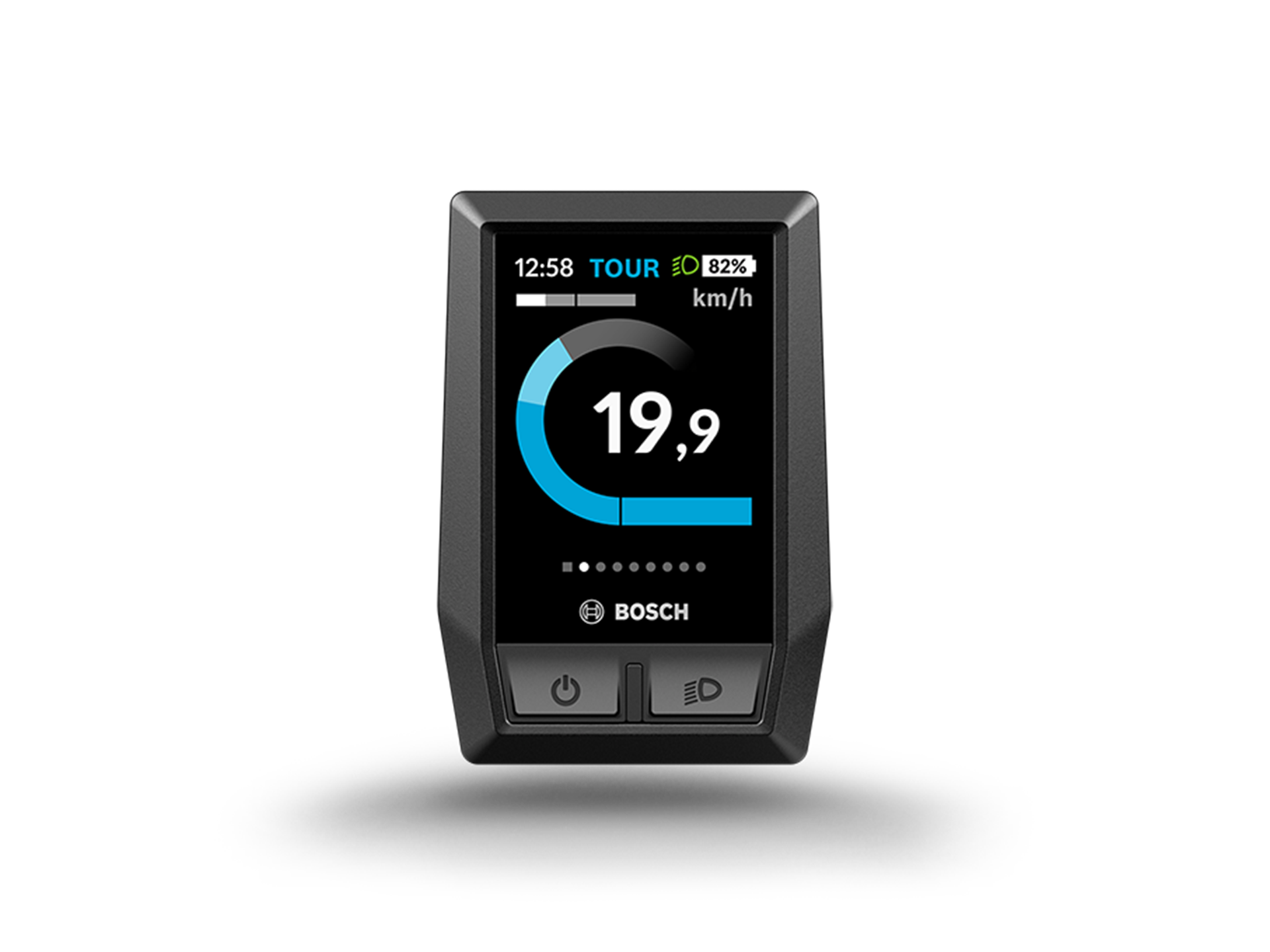 Das Display Kiox des Bosch eBike-System 2 freigestellt vor weißem Hintergrund. Auf dem Diplay ist die Geschwindigkeitsangabe groß in km/h dargestellt. Außerdem zeigt das Display die Uhrzeit, den Fahrmodus, Lichteinstellungen und den Akkustand an. 