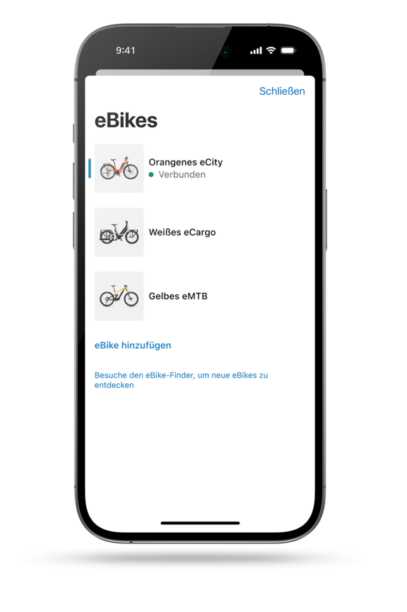 eBike Flow App Screen freigestellt abgebildet. Der Screen präsentiert die digitale Garage der eBike Flow App, die drei verschiedene eBike-Modelle anzeigt.