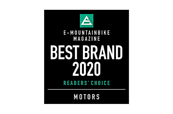 Icon with the text "E-MOUNTAINBIKE MAGAZINE MOTORS": The focus is on "BEST BRAND 2020 READERS' CHOICE" in white and green lettering on a black background.