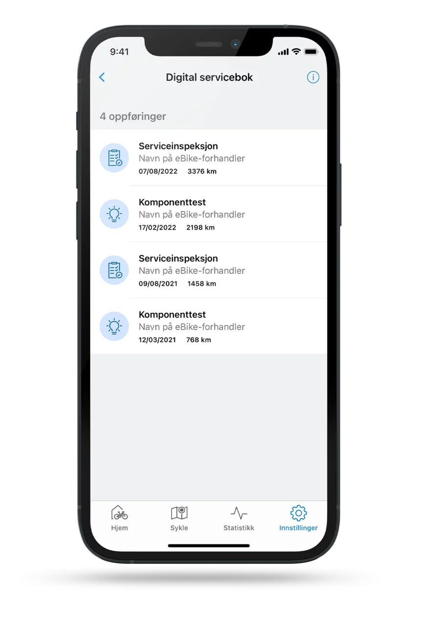 Beskåret telefon med åpen eBike Flow-app som viser de digitale servicebøkene.