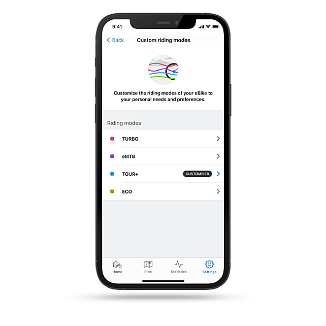 Cropped [Screenshot] of the [eBike Flow App] with open [M]ode [A] selection.